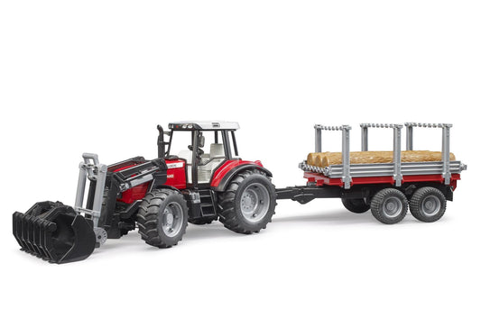 Bruder 02046 Massey Ferguson 7480 mit Frontlader, Holztransportanhänger und 3 Baumstämmen - plegobil