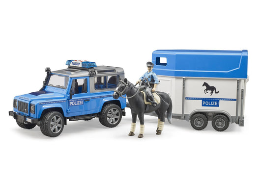 Bruder 02588 Land Rover Defender Polizeifahrzeug,Pferdeanhänger, 1 Pferd und Polizist - plegobil