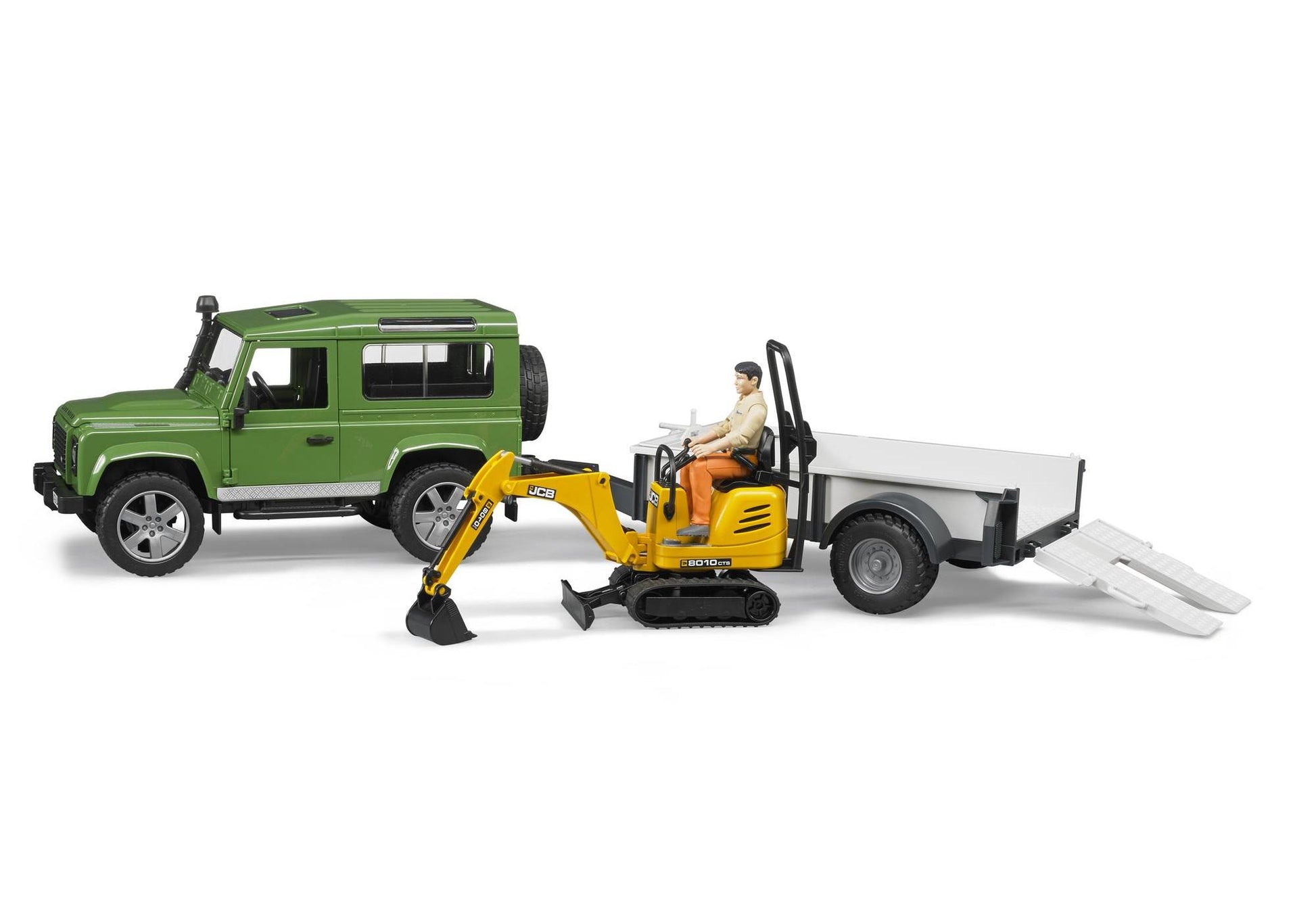 Bruder 02593 Land Rover Defender Station Wagon mit Einachsanhänger, JCB Mikrobagger 8010 CTS und Bauarbeiter - plegobil