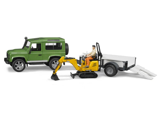 Bruder 02593 Land Rover Defender Station Wagon mit Einachsanhänger, JCB Mikrobagger 8010 CTS und Bauarbeiter - plegobil