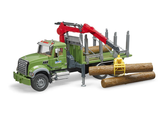 Bruder 02824 MACK Granite Holztransport-LKW mit Ladekran, Greifer und 3 Baumstämmen - plegobil