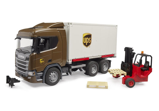 Bruder 03582 Scania Super 560R UPS Logistik-LKW mit Mitnahmestapler - plegobil