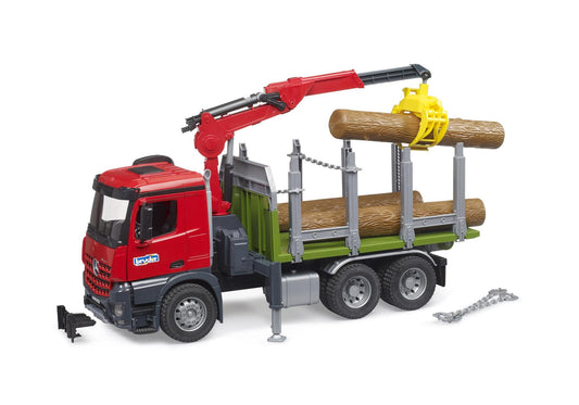 Bruder 03669 MB Arocs Holztransport LKW mit Ladekran, Greifer und 3 Baumstämmen - plegobil