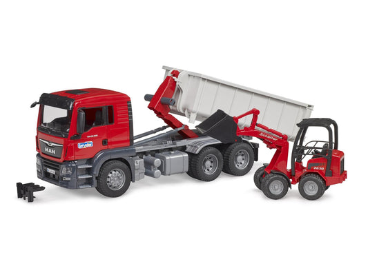 Bruder 03767 MAN TGS LKW mit Abrollcontainer + Schäffer Hoflader 2630 - plegobil