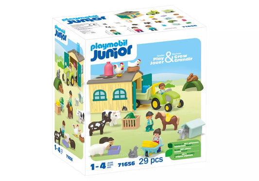 Playmobil 71656 Junior Bauernhof-Abenteuer mit Traktor, Anhänger und tierischen - plegobil